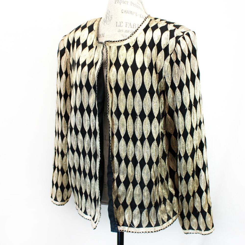 Stenay Vintage 100% Silk Black Gold Leaf Pattern Cardigan Sweater Jacket Glam 1X